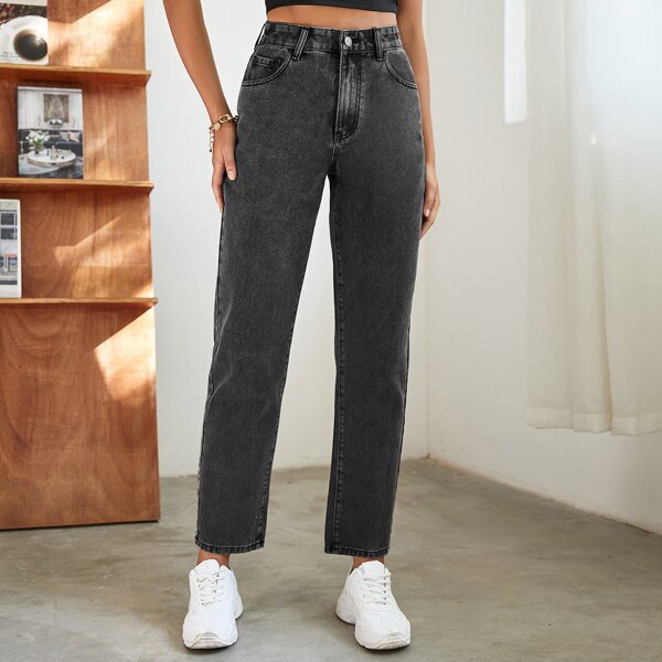 

High Waist Slant Pocket Straight Jeans, Dark grey