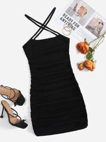 Muchica Ruched Detail Cross Halter Dress - Black - View 1