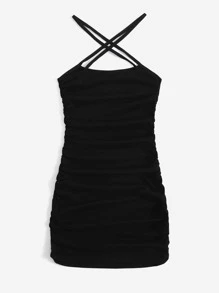 Muchica Ruched Detail Cross Halter Dress - Black - View 2