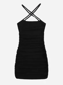 Muchica Ruched Detail Cross Halter Dress - Black - View 4