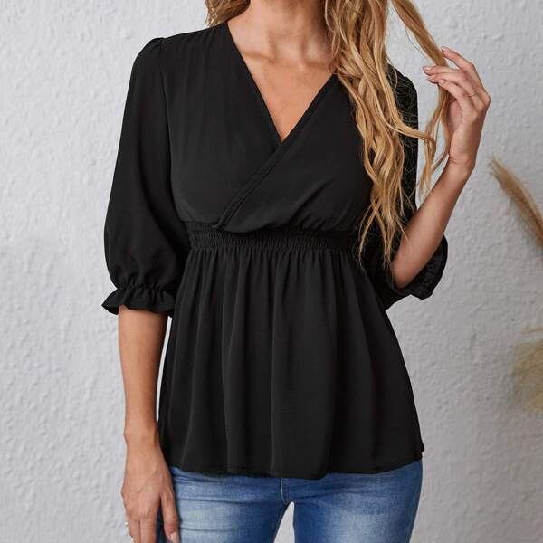 

Flounce Sleeve Surplice Neck Blouse, Black