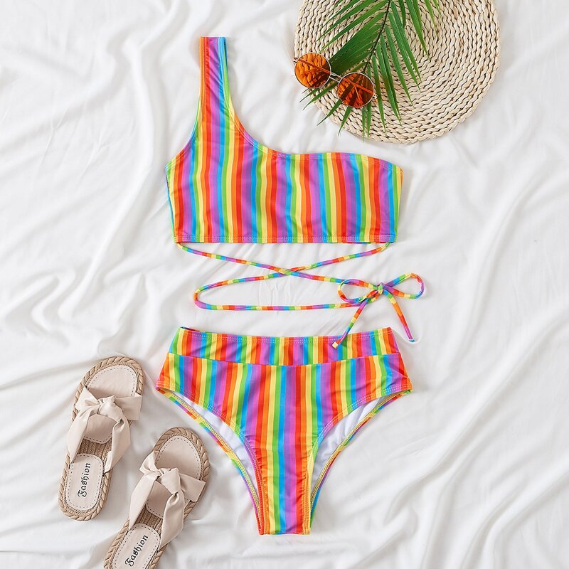 

Rainbow Striped One Shoulder Bikini Swimsuit, Multicolor