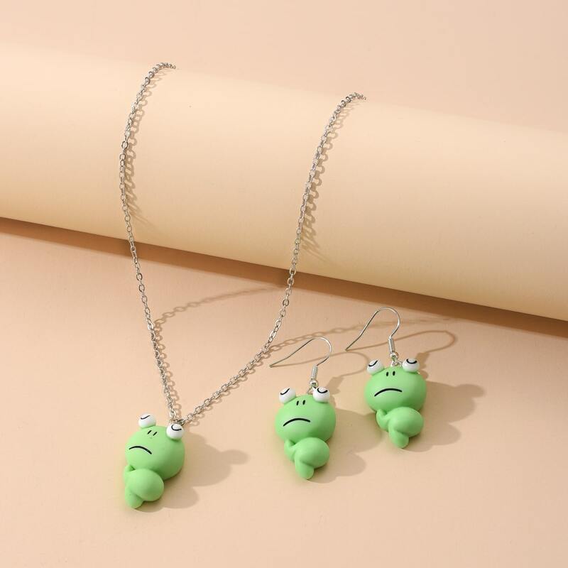 

3pcs Cartoon Frog Jewelry Set, Green