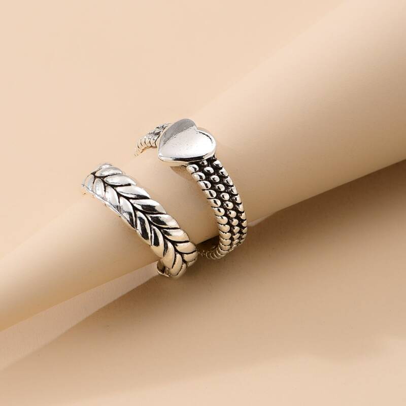 

2pcs Heart & Leaf Ring, Antique silver