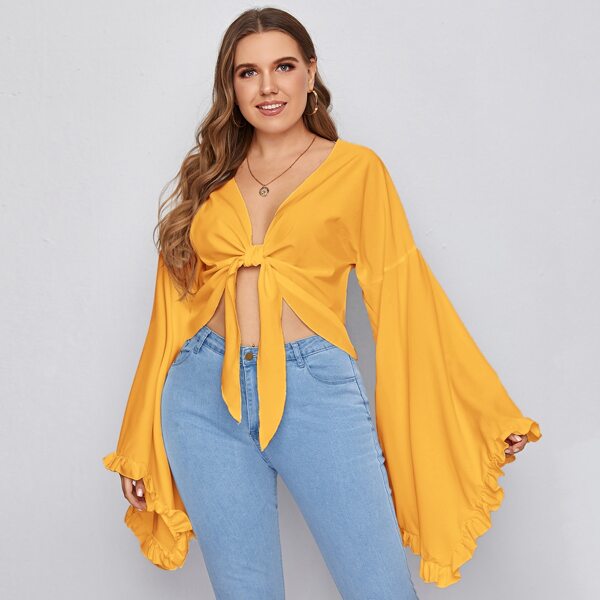 

Plus Ruffle Bell Sleeve Tie Front Top, Yellow