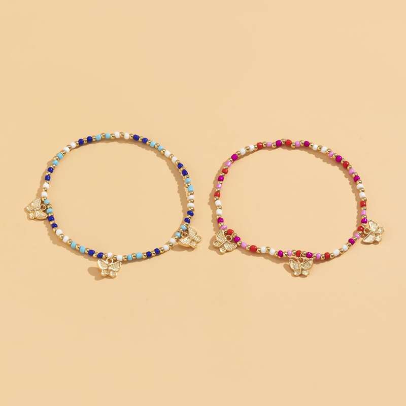 

2pcs Butterfly Beaded Anklet, Multicolor