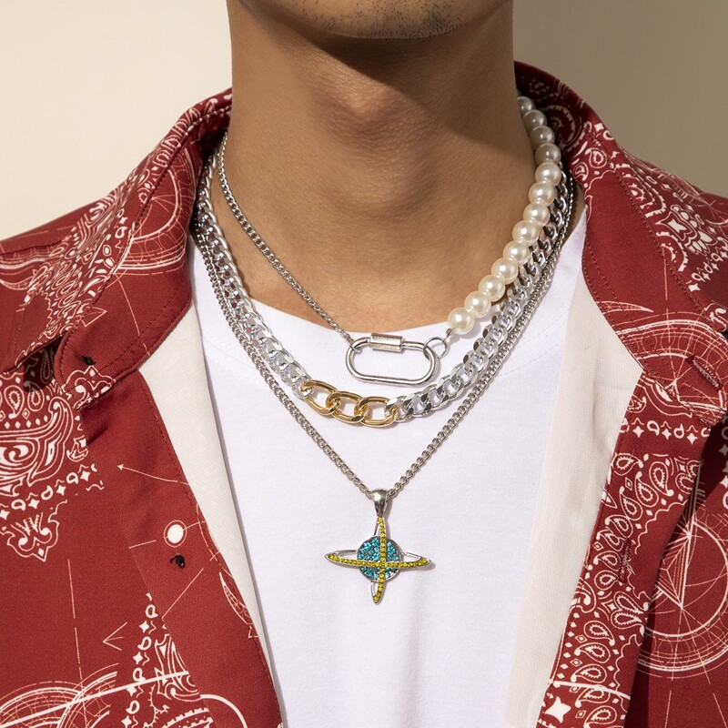 

Guys Rhinestone Planet Layered Chain Necklace, Silver