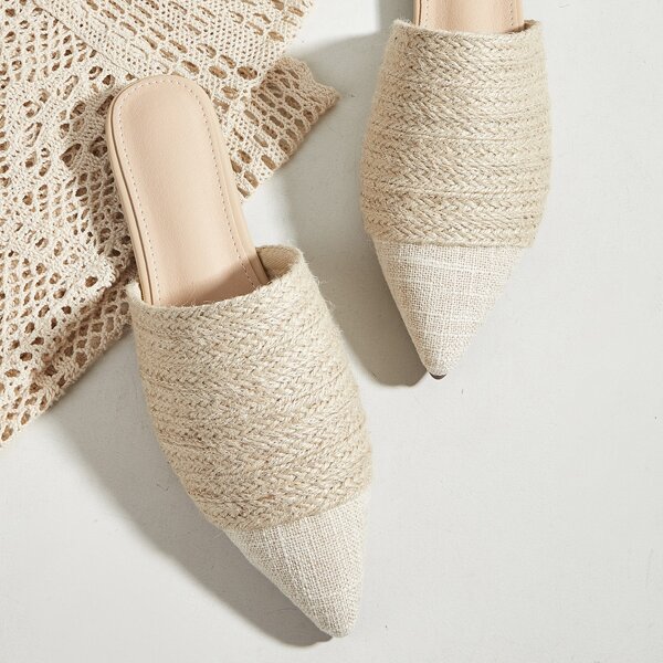 

Point Toe Woven Flat Mules, Beige