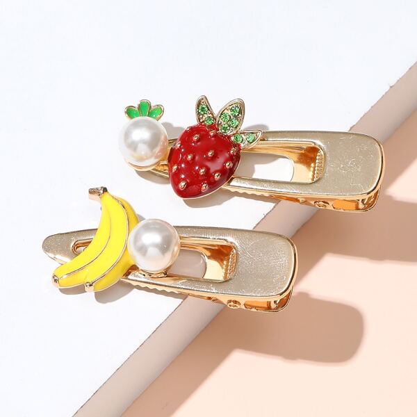 

2pcs Fruit & Faux Pearl Decor Hair Clip, Multicolor