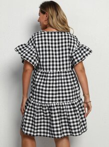 Calvaya 大碼格紋荷葉邊袖荷葉邊下擺連衣裙 - 黑與白 - 查看 2