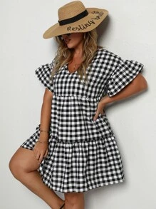 Calvaya 大碼格紋荷葉邊袖荷葉邊下擺連衣裙 - 黑與白 - 查看 4