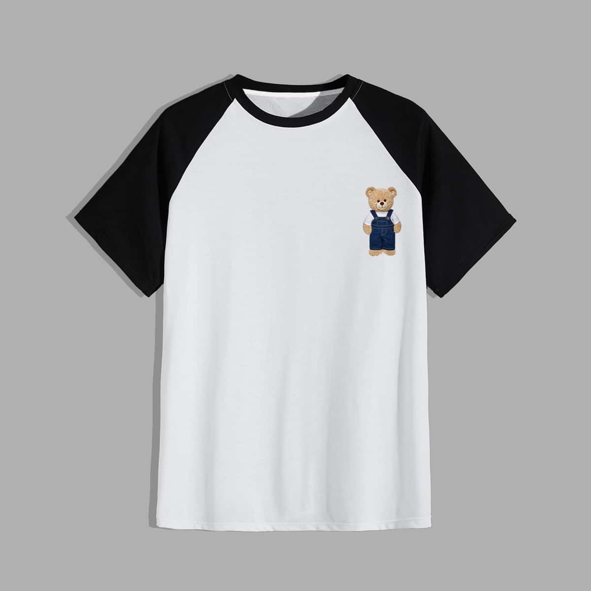 

Guys Colorblock Cartoon Bear Graphic Tee, Black and white