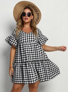 Calvaya 大碼格紋荷葉邊袖荷葉邊下擺連衣裙 - 黑與白 - 查看 6