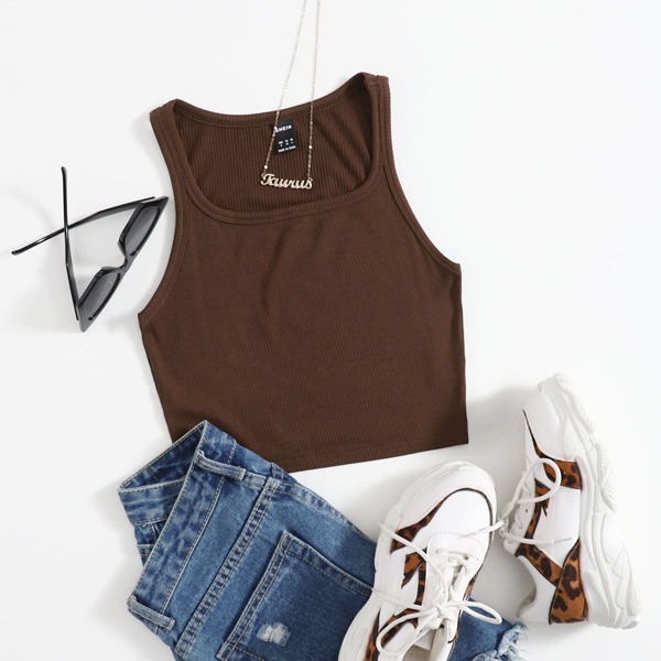 

Lettuce Edge Rib-knit Racerback Tank Top, Coffee brown