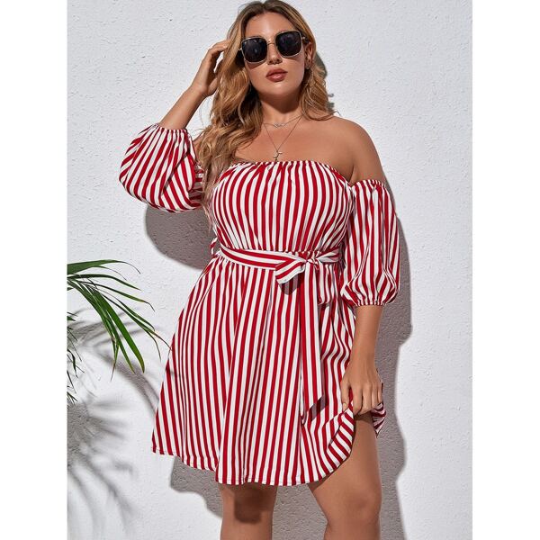 

Plus Striped Belted Bardot Dress, Red and white