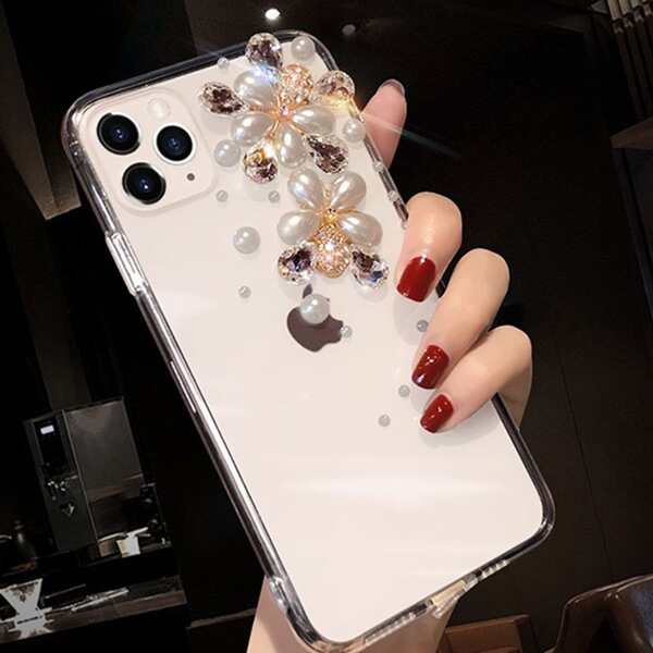 

Faux Pearl Decor Clear Phone Case, White