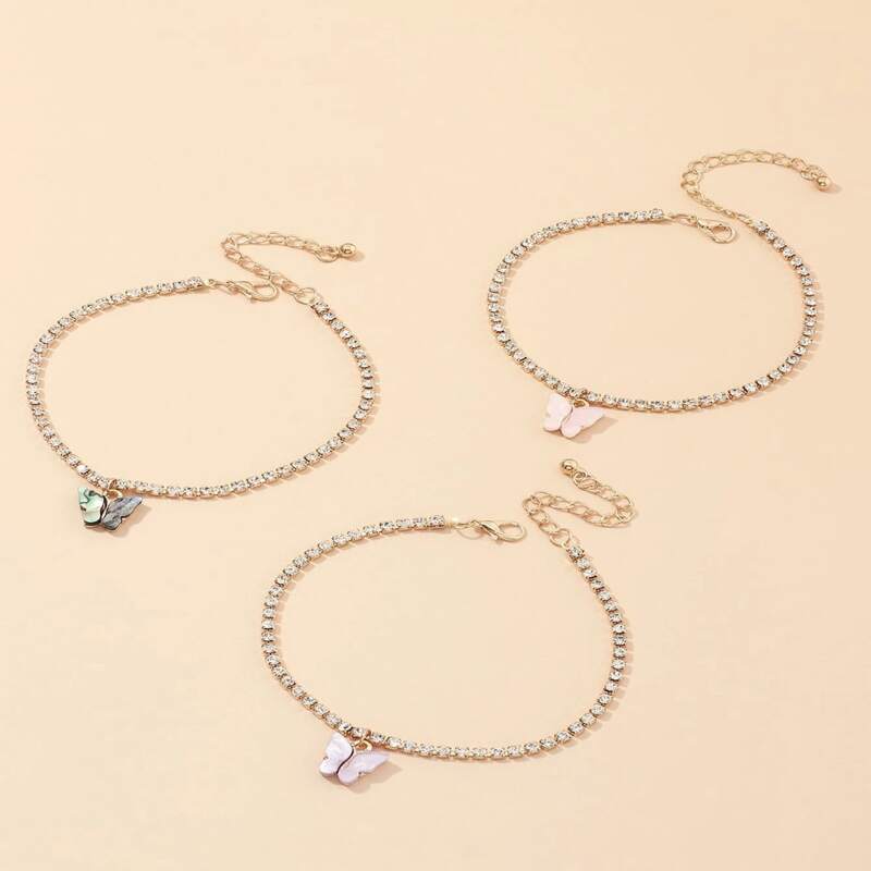 

3pcs Butterfly Rhinestone Anklet, Multicolor