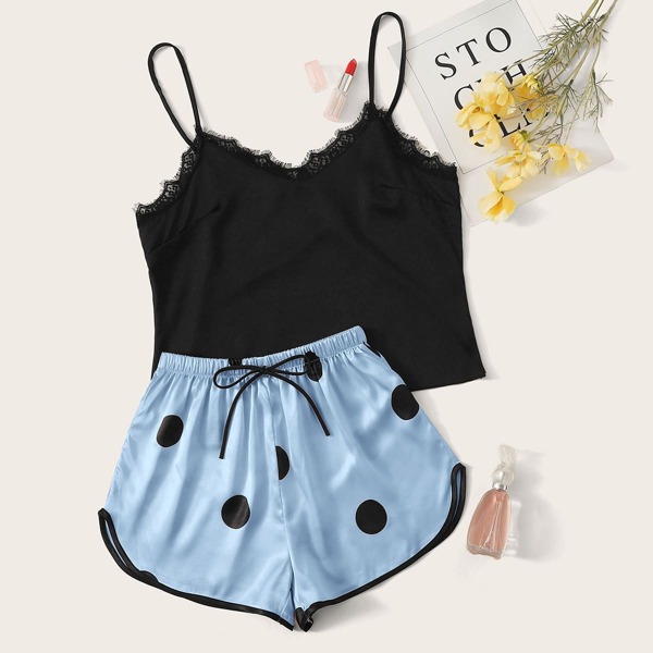 

Satin Polka Dot Contrast Lace Knot Detail Night Set, Multicolor