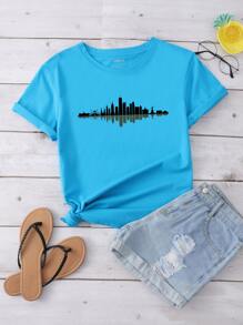 建築圖案短袖T恤 - 藍色 - 查看 1