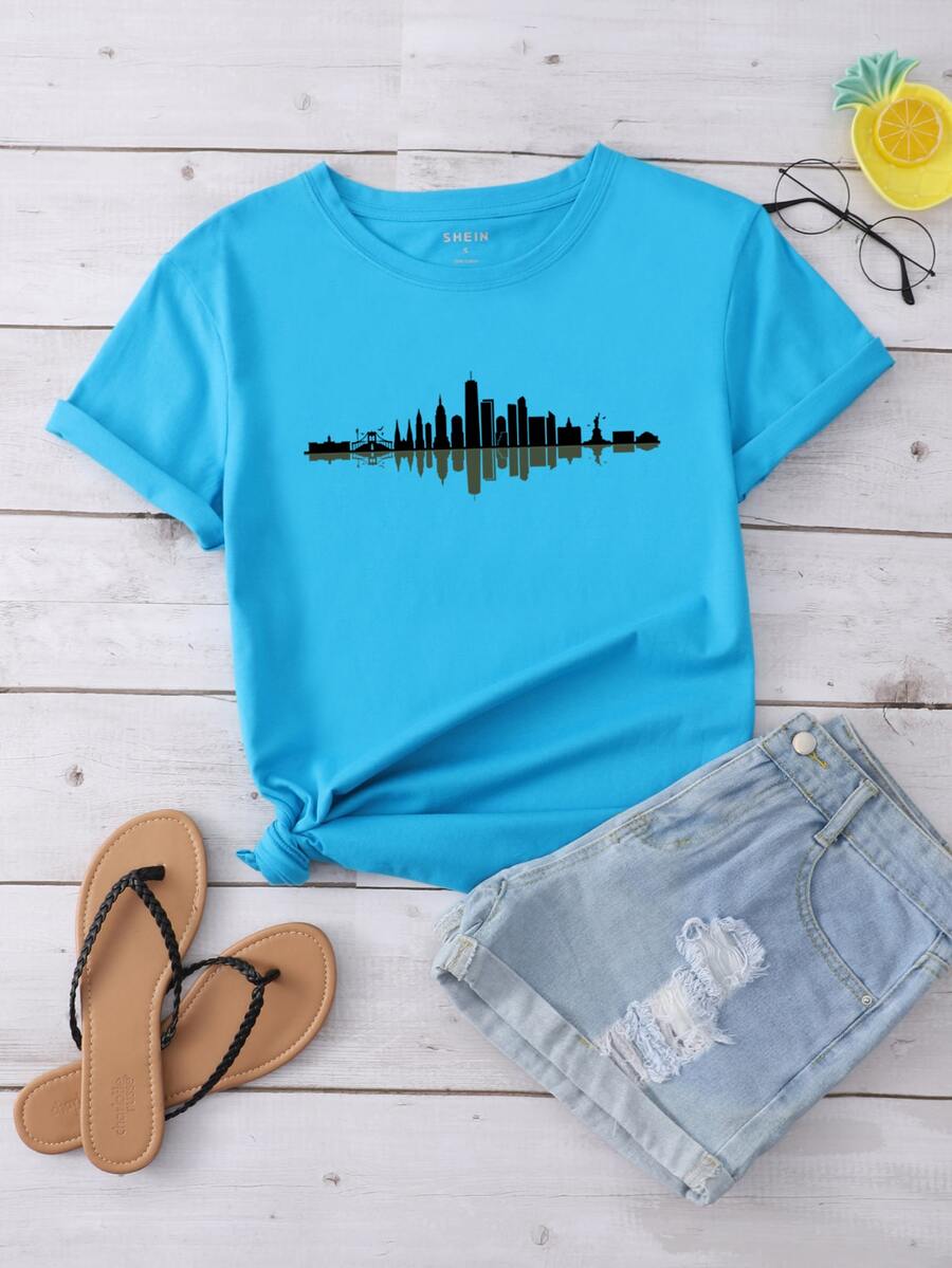 建築圖案短袖T恤 - 藍色 - 查看 1