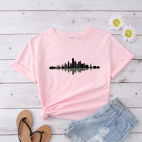 

Building Print Short Sleeve Tee, Baby pink