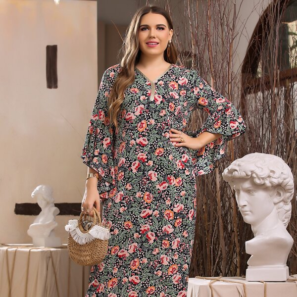 

Plus Allover Floral Flounce Sleeve Dress, Multicolor