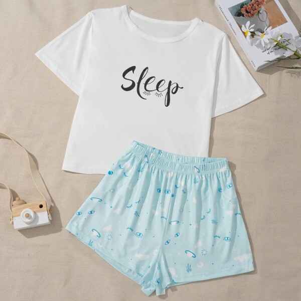 

Figure & Letter Print Top & Shorts PJ Set, Multicolor