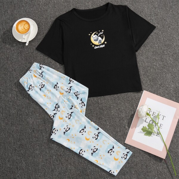 

Cartoon Panda Print Top & Pants PJ Set, Multicolor