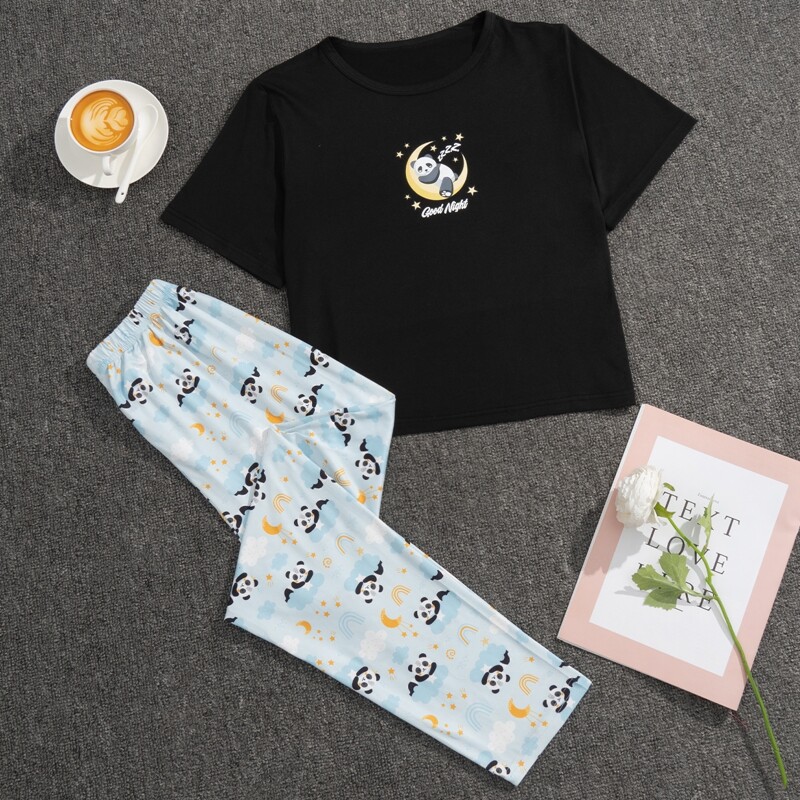 

Cartoon Panda Print Top & Pants PJ Set, Multicolor