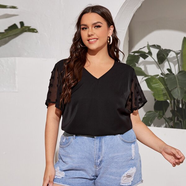 

Plus Solid V Neck Blouse, Black