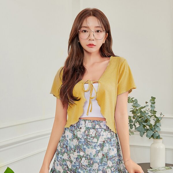 

Rib-Knit Tie Front Top, Yellow