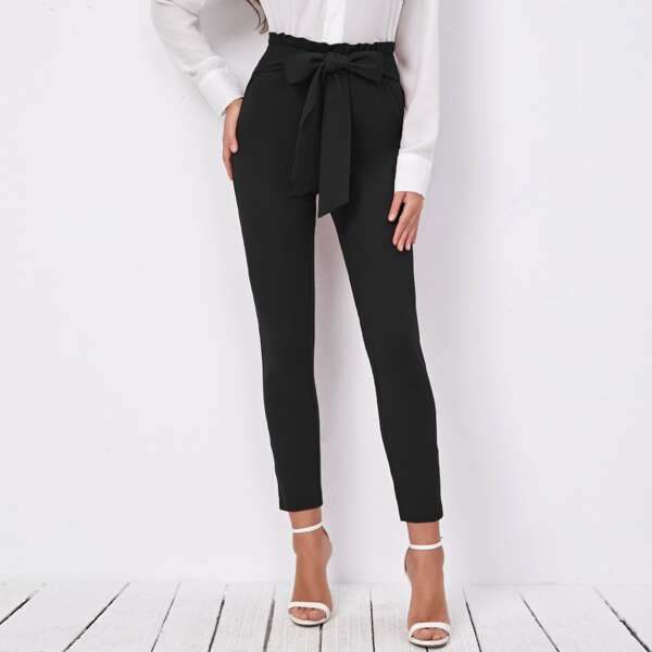 

Paperbag Waist Belted Solid Leggings, Black