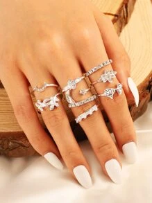 1 套/9 件金属星星、月亮和花朵形状戒指组合 - 銀色 - 查看 1