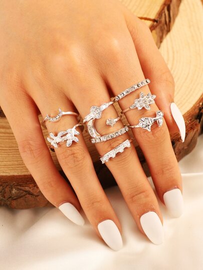 1 طقم/9 قطع خاتم معدني بأشكال نجمة وقمر وزهرة