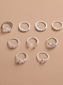 1 套/9 件金属星星、月亮和花朵形状戒指组合 - 銀色 - 查看 2