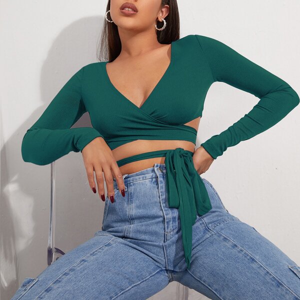 

Cross Wrap Tie Front Rib-knit Crop Top, Dark green