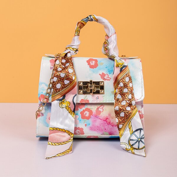

Twilly Scarf Decor Floral Graphic Flap Chain Bag, Multicolor