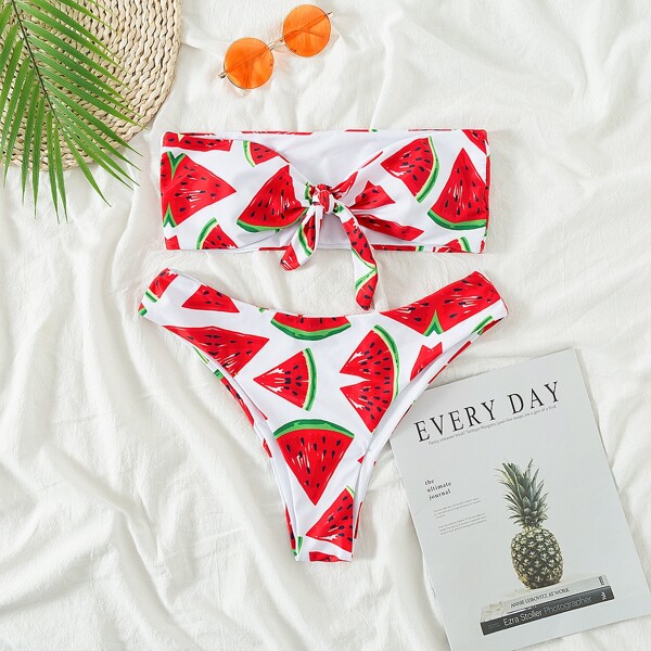 

Watermelon Print Knot Front Bandeau Bikini Swimsuit, Multicolor