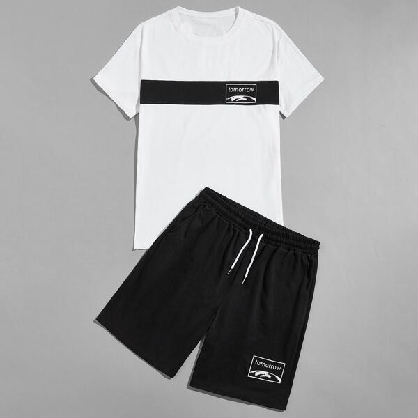 

Men Letter Graphic Tee & Shorts, Black and white
