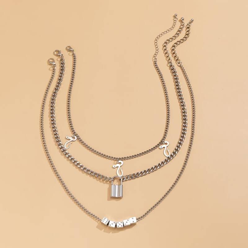 

3pcs Snake & Lock Pendant Necklace, Silver