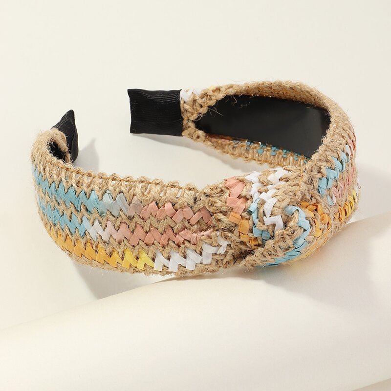 1pc Straw Knot Headband, Khaki