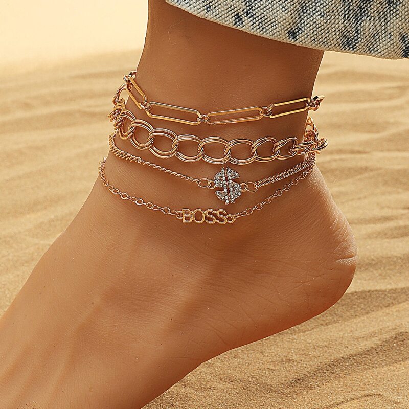

4pcs Rhinestone Chain Anklet, Gold