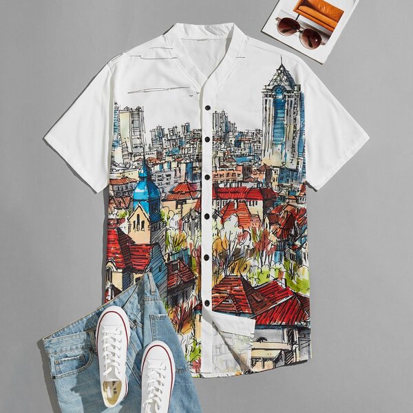 

Men Building Print Button Up Shirt, White