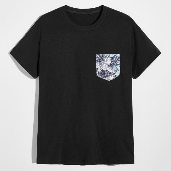 

Men Floral Pocket Patched Tee, Black