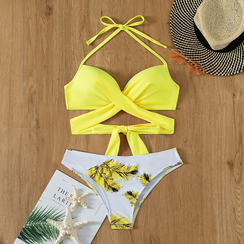 

Leaf Print Wrap Halter Bikini Swimsuit, Yellow