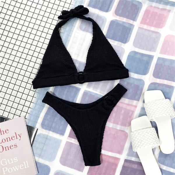 

Textured Ring Linked Halter Bikini Swimsuit, Black