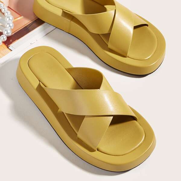 

Minimalist Cross Strap Flatform Mules, Yellow