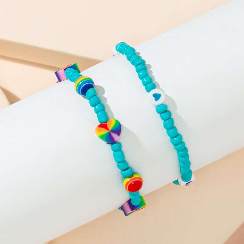 

2pcs Heart Beaded Bracelet, Blue