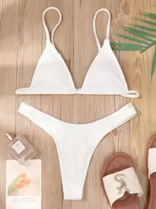 Rib Triangle High Cut Bikini, For Summer Beach Vacation - White - View 1
