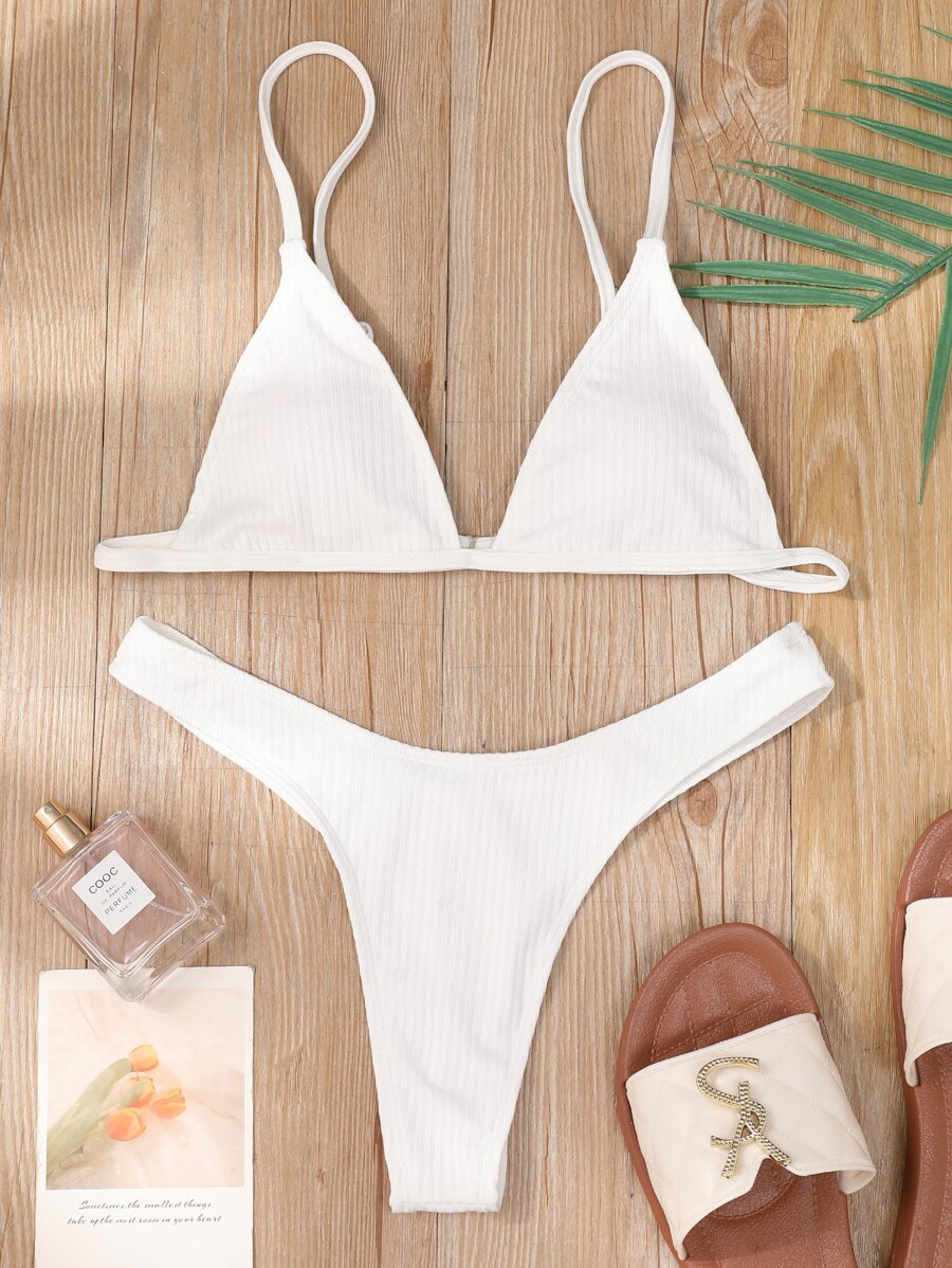 Rib Triangle High Cut Bikini, For Summer Beach Vacation - White - View 1